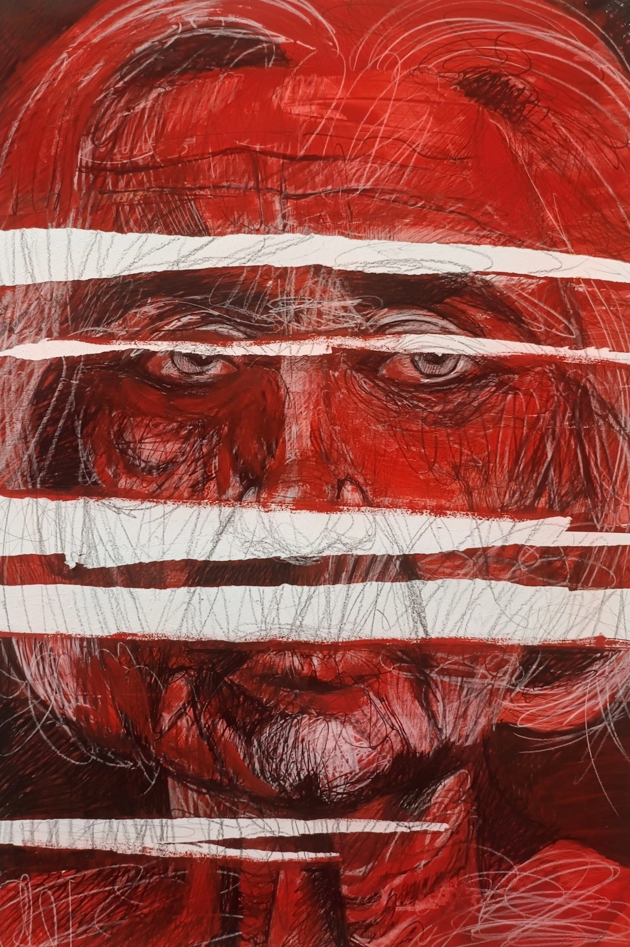 Czerwony portret z białymi pasami